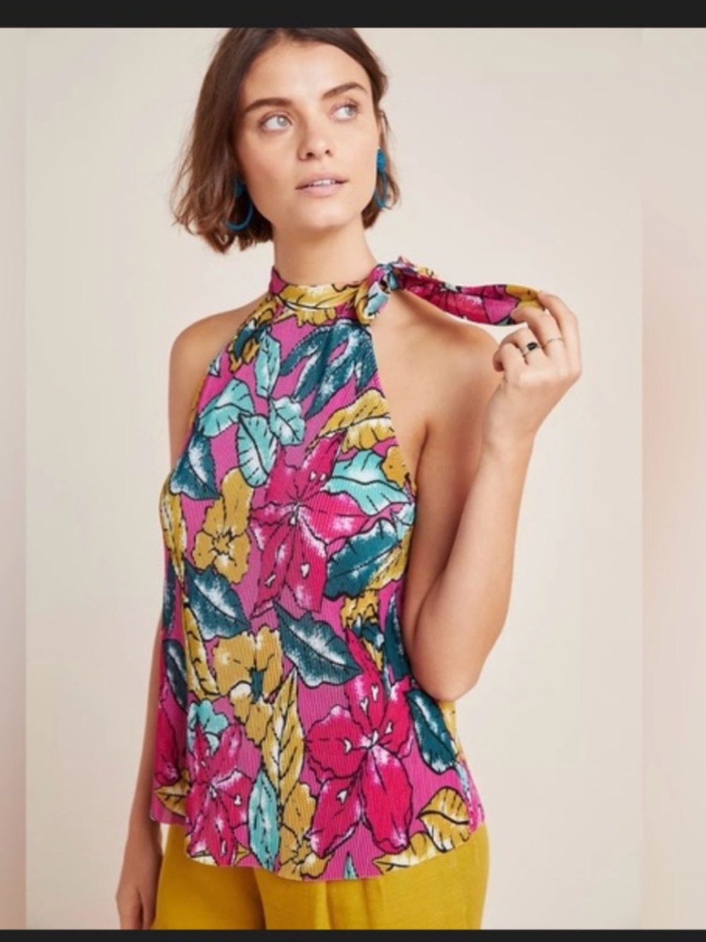Maeve Pink Floral Halter Tie-Neck Top with Teal and Yellow Accents
